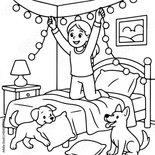 Girl Decorating Bedroom with String Lights and Playful Dogs: A young girl, full of joy and enthusiasm, is captured in the moment of decorating her bedroom with string lights.