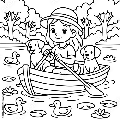 Girl&#039;s Serene Lakeside Adventure: A young girl, radiating joy, navigates a wooden rowboat on a tranquil lake, accompanied by her faithful canine companions and playful ducks.