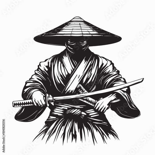 Traditional Samurai Fighter with Straw Hat Illustration on White Background