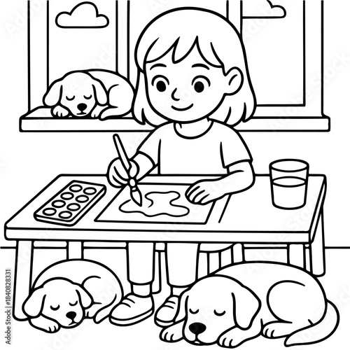 Artistic Pursuit: A girl, lost in the world of painting with her loyal dog friends by her side, showcasing a moment of joy, creativity and affection.