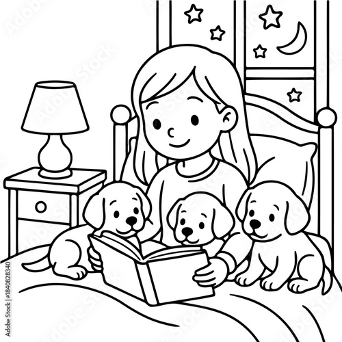 Bedtime Storytime with Puppies: A young girl, cozily nestled in her bed, reads an enchanting book to her adorable puppy companions under the soft glow of a bedside lamp and the magical night sky. 