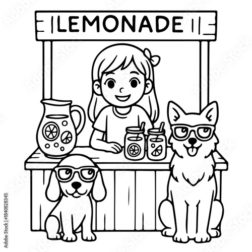 Lemonade Stand: A cheerful illustration of a child operating a lemonade stand with two canine companions, evoking a sense of childhood fun and entrepreneurship.