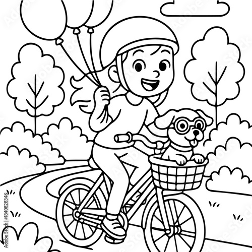 Bicycle Adventure with Companion: A joyful young girl and her canine friend embarking on a cheerful cycling journey, balloons in hand. Perfect for coloring books!