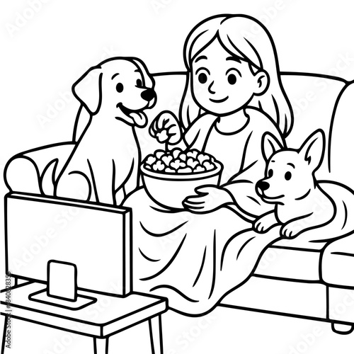 Cozy Evening at Home: A heartwarming scene unfolds as a young person enjoys a movie night with canine companions, the glow of the television screen casting a warm light.