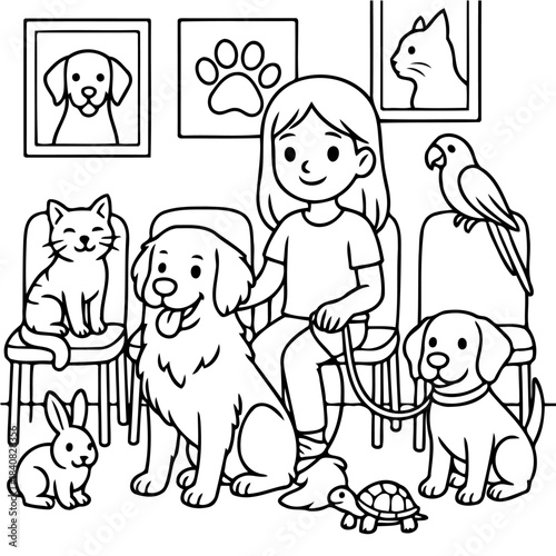 Veterinary Clinic: A young girl at a veterinary clinic is surrounded by friendly animals waiting for their turn to be checked, showcasing care, compassion and friendship.