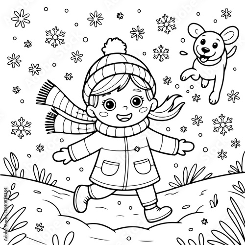 Winter Wonderland Fun: A joyful child, bundled up against the cold, joyfully runs through a snowy landscape, accompanied by a playful companion. Embracing the magic of winter!