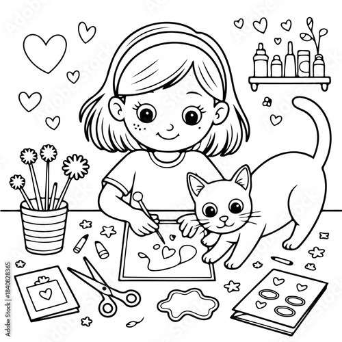 Creative young girl and her cat with drawing: A young girl, lost in the world of creativity, sits at her desk accompanied by her playful cat. The scene encapsulates the innocence of childhood.