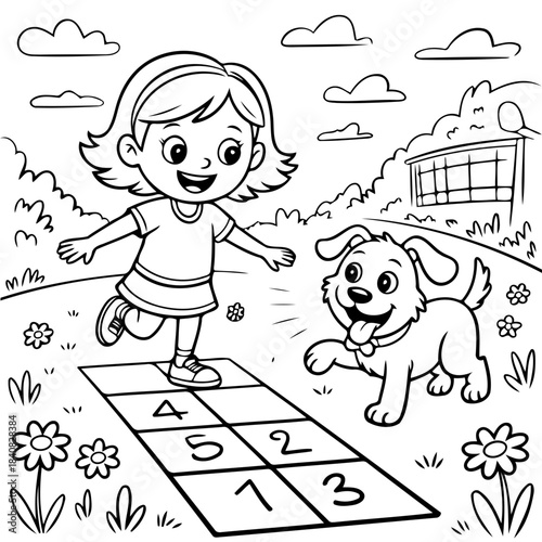 Playful Hopscotch: A young girl, full of glee, leaps across a hopscotch grid with her playful puppy in tow, evoking a sense of childhood fun in the fresh air.