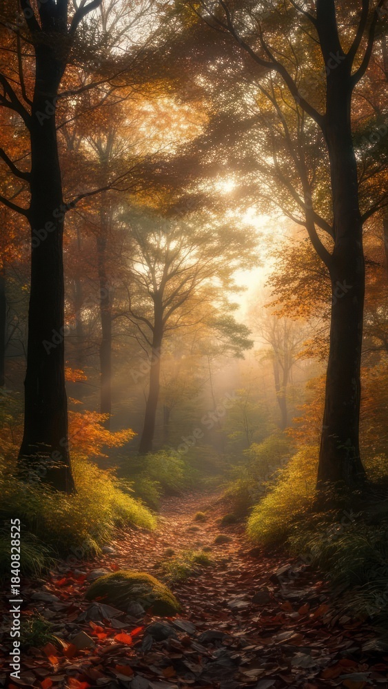 Obraz premium Autumn forest path with sunlight