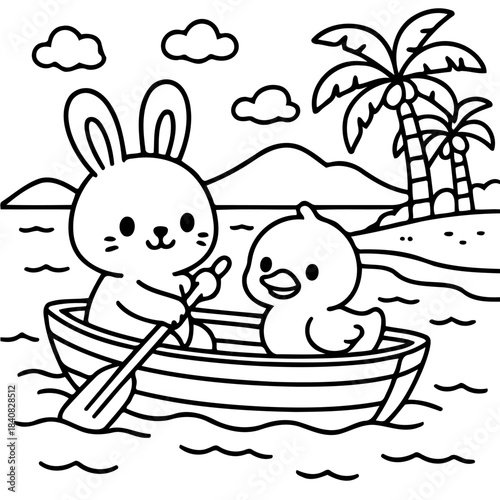 Cartoon Boat Trip Adventure: A joyful bunny and duck set sail on a sunny day in a charming boat, enjoying the picturesque sea and idyllic tropical paradise. 