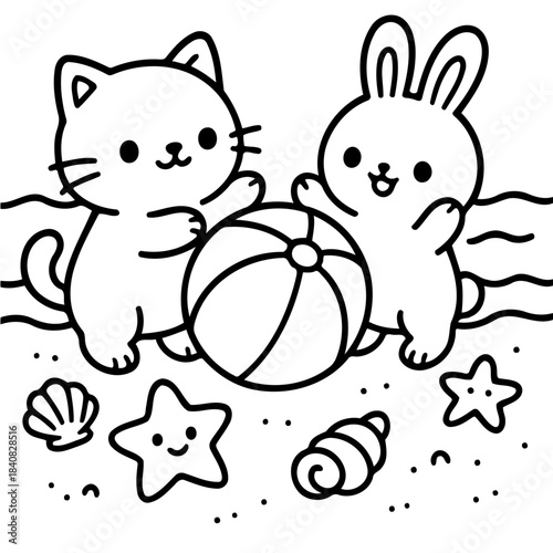 Cartoon Companions' Seaside Fun: A playful cartoon cat and rabbit share a joyful beach day, complete with a beach ball, starfish, and seashell.