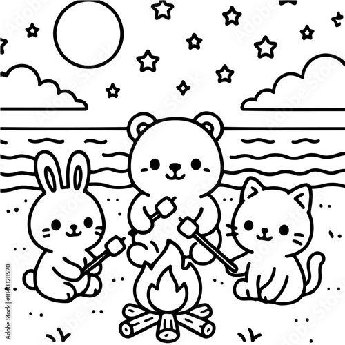Cozy Camping Companions: A heartwarming monochrome illustration of a rabbit, bear, and cat roasting marshmallows around a campfire beneath a starlit sky.