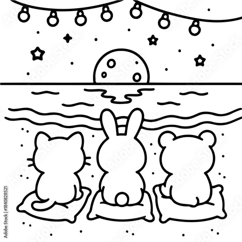 Sunset Gathering of Friends: Three adorable animal friends are nestled together on pillows, gazing at a serene sunset over a tranquil sea, the sky adorned with twinkling stars and soft lights. 