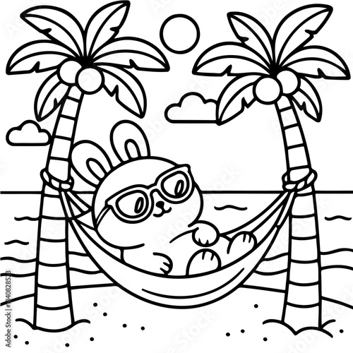 Relaxed Bunny: A whimsical depiction of a bunny, donning sunglasses, reclining in a hammock beneath the shade of palm trees, capturing the essence of a serene summer day.