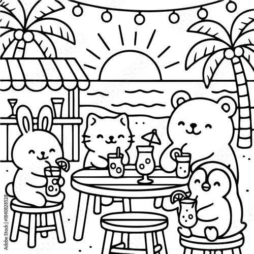 Tropical animal gathering: A delightful gathering of animal friends enjoying tropical beverages at a seaside bar, creating a scene of carefree fun and vibrant holiday