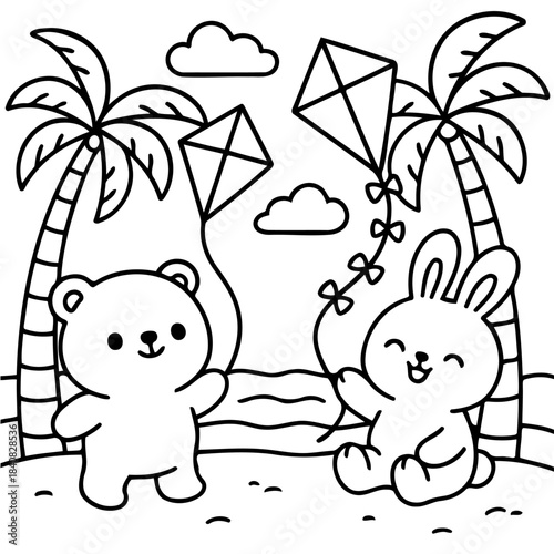 Kites and Coast: Adorable creatures frolic under the sun, as a bunny and bear joyfully fly kites at the beach, with palm trees.  capturing the simplicity and happiness of carefree moments.