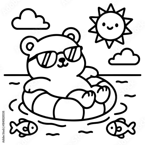 Summer Bear Relaxation: A cheerful bear, sporting sunglasses, drifts serenely on an inflatable ring amidst playful waves, embraced by the warm sunshine, creating a scene of pure relaxation and joy.