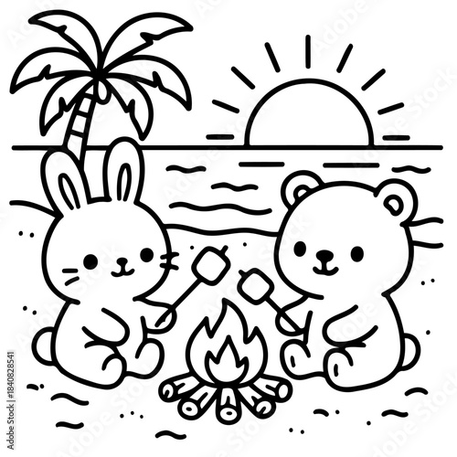 Marshmallow Beach Bonfire: Adorable rabbit and bear roast marshmallow together around a campfire on a sunny beach, a heartwarming scene of friendship.