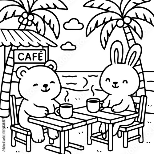 A Moment of Serenity: A charming bear and bunny enjoy a tranquil moment, sipping coffee at a beachside cafe under swaying palm trees.