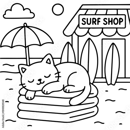 Dreamy Beach Day: A cute cat takes a nap on a stack of towels on a sunny beach day. The surf shop sign suggests this is a relaxed spot where surfboards lean ready for fun.