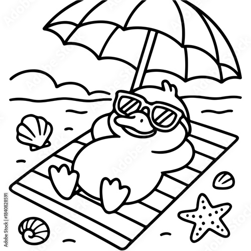 Beachside Duck's Day Out: A cartoon duck wearing sunglasses and relaxing on a beach towel under an umbrella, embodying the epitome of relaxation by the seaside.