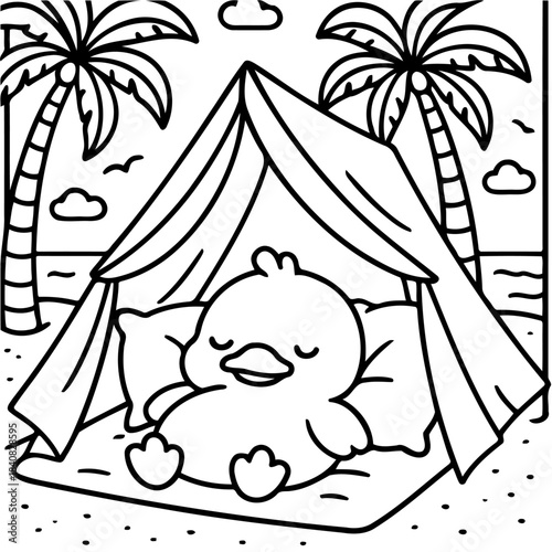 Duck's Seaside Retreat: A cheerful duck finds serenity under a beachfront tent, nestled between two towering palm trees, embodying a perfect beach day escape.