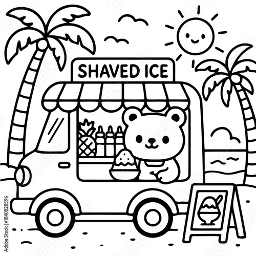 Shaved Ice Paradise: A charming, friendly bear serves up sweet shaved ice treats from a vibrant, tropical-themed food truck, creating a delightful scene of summer fun and refreshment. 