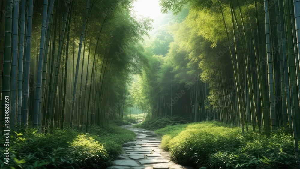 Obraz premium Bamboo forest path with sunlight