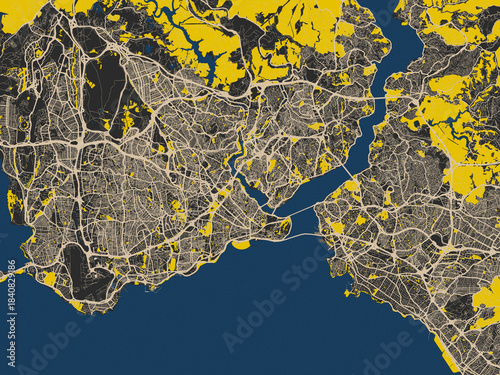 Canvas Print Poster-style map of Greater Istanbul, Türkiye using noir yellow color palette