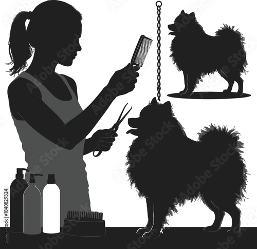 Silhouette of female groomer cutting and combing fluffy dog, professional pet grooming in salon, vector illustration for animal care and grooming service design
