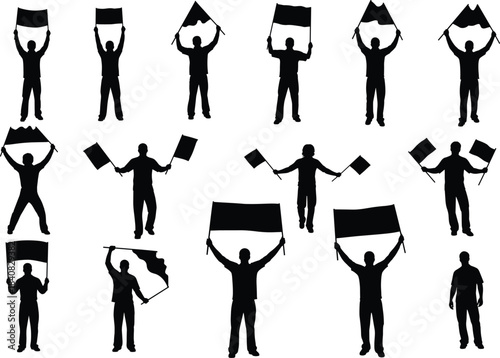 Silhouette people holding flags and banners illustration, protest and demonstration concept, activism, unity, freedom, revolution, support, equality, and political rally vector design