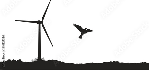Silhouette of wind turbine with flying bird above grassy field, renewable energy concept, nature conservation and eco power generation vector illustration