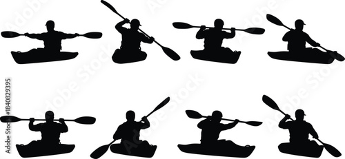 Silhouette people kayaking with paddles collection, water sports activity vector illustration, adventure, recreation, outdoor exercise, rowing, fitness, and teamwork concept design