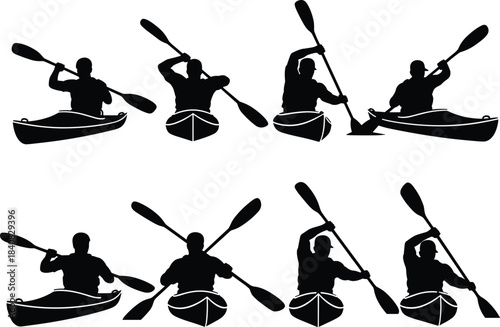 Silhouette people kayaking with paddles front view illustration, outdoor water sports activity, adventure, recreation, rowing, teamwork, exercise, and fitness vector design