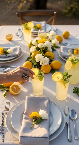 A beautifully arranged outdoor dining table setting, showcasing a vibrant lemon-themed centerpiece and refreshing lemonade.