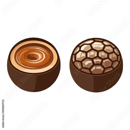 Two gourmet chocolate bonbons one cut in half revealing caramel filling and the other with a decorative honeycomb pattern isolated on white background