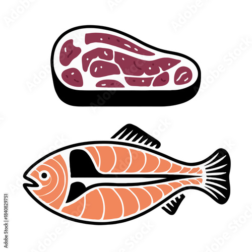 Stylized illustration of a raw steak and a whole raw fish presented side by side isolated on white background