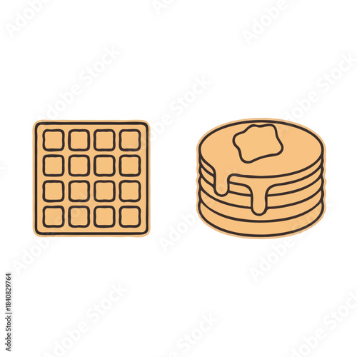 Simple cartoon illustration of a single square waffle and a stack of pancakes with melting butter isolated on white background