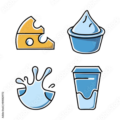 Collection of dairy product icons including cheese cream milk splash and yogurt cup isolated on white background