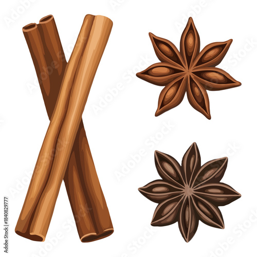 Two cinnamon sticks crossed with two star anise spice pods isolated on white background
