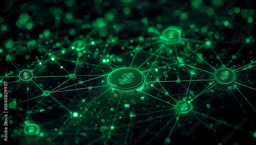 Obraz premium Connected dollar icons on a green glowing futuristic blockchain network