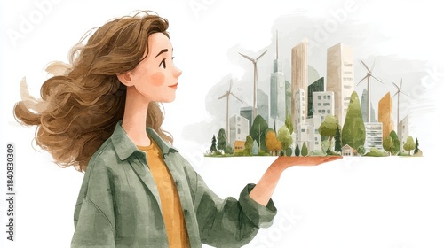 Female-led tech innovation A girl envisions a sustainable city with greenery and wind turbines.