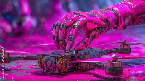 Female-led tech innovation concept.   Futuristic robotic hand interacts with a drone in vibrant colors.