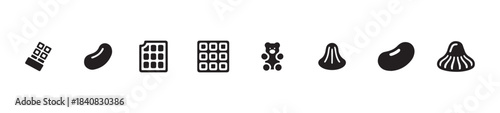 Set of eight sweets and candy icons including chocolate bars, jelly beans, gummy bear, and laddu desserts
