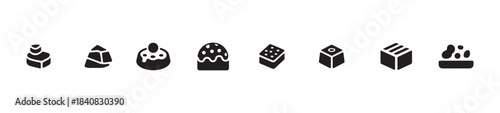 Set of eight sweets icons including chocolate pieces, various decorated truffles, and a candy bowl