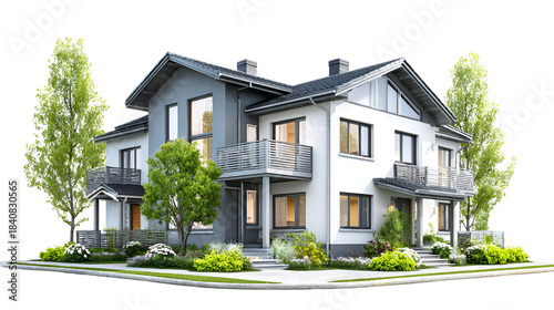 Modern two story house with green trees isolated on transparent background