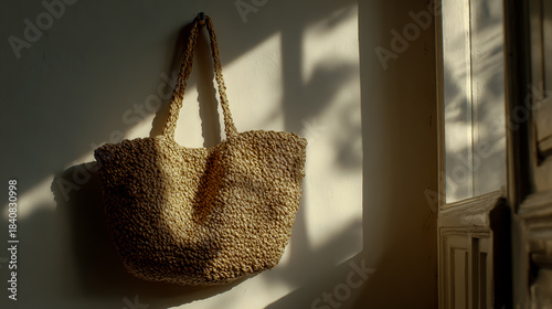 Beige straw bag hanging on the wall, white background, sunlight shining through the window onto the bag, product photography, high resolution, large detail, shadow play, minimalist style