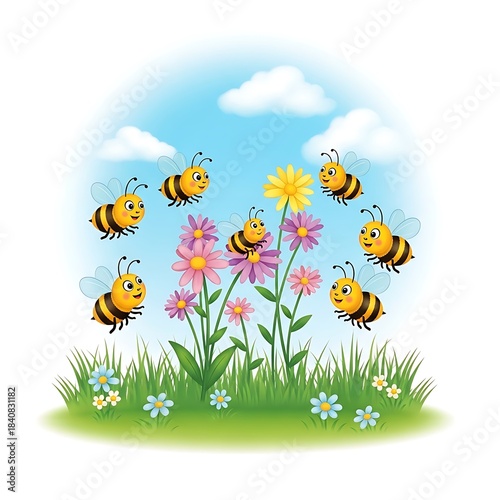 Happy cartoon bees joyfully interacting with colorful blossoms in a grassy field under a blue sky