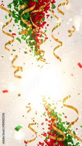 Festive colorful confetti and ribbon in celebration. Joyful holiday season party elements background. Promoting celebration, happiness, event, or special occasions with copy space.