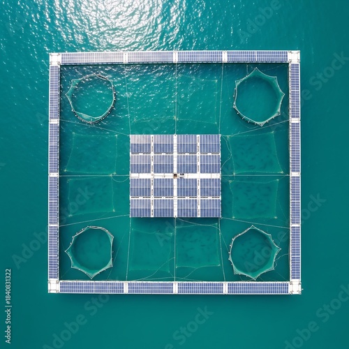 Floating Solar Panel Platform Top View - Ocean Water Renewable Energy Infrastructure